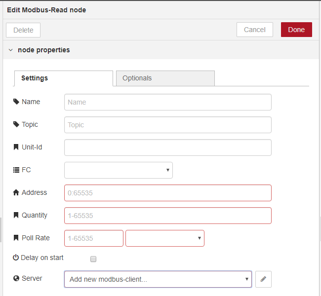 Edit Modbus Read node